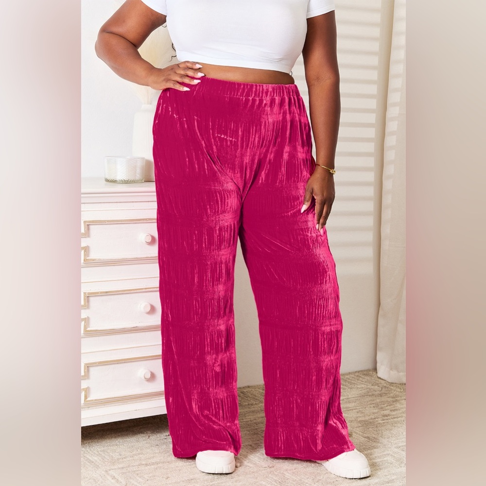 NEW Double Take PLUS + REG Size High Waisted Tiered Velvet Wide Leg Pants